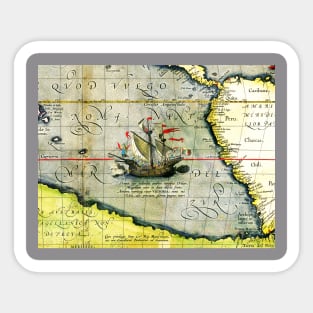 Magellans ship Victoria, Antique Map Pacific Ocean 1589 Sticker